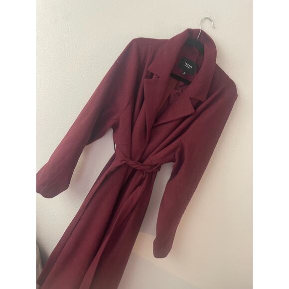 Torrid Trench Coat 3X Burgundy Red Wool Blend Tie Waist Jacket Long Plus - Picture 2 of 7